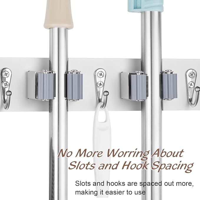 OUTNILI 2 Pack White Mop Broom Holder Wall Mount with 3 Slots & 4 Hooks - Rustic Wood Broom Mop Hanger for Pantry Kitchen Organization - Garden Tool Organizer for Closet Laundry Room