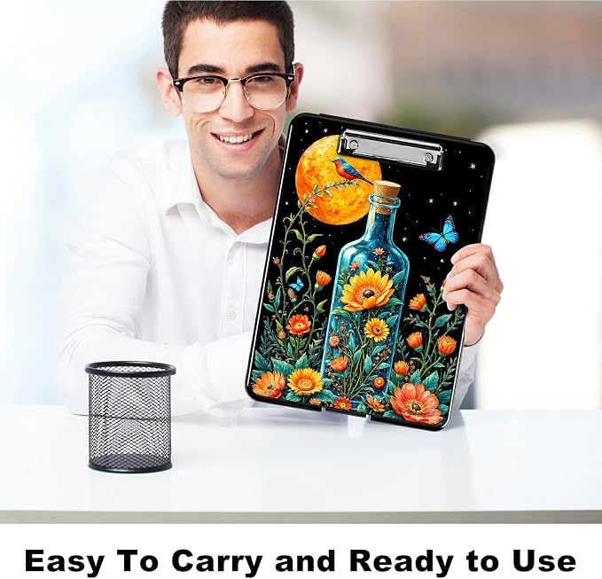 Heavy Duty Storage Clipboard, Slim Nursing Clipboard with Internal Pen Case, Portable File Organizer Case for A4 Letter Size Paper Office Medical Professionals, Drift Bottle Flowers Birds