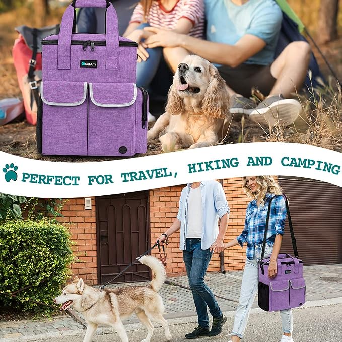 PetAmi Dog Travel Bag Pet Supplies Accessories Organizer for Traveling, Camping, Weekend; Cat Pet Travel Bag Kit Includes 2 Food Storage Containers, 2 Collapsible Bowls, 1 Feeding Mat (Purple)