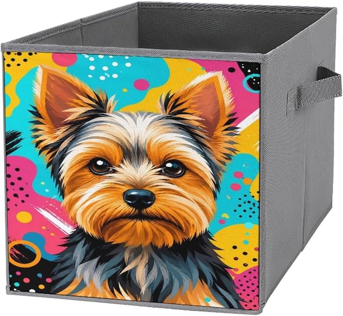 Yorkie Dog Art Storage Bin with Handles, Oxford Fabric Foldable Storage Cube Organizer for Clothes, Towels, Bedroom, Living Room, Home Organization