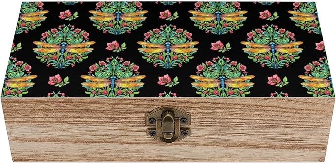 Small Wooden Keepsake Storage Box with Hinged Lid Jewelry Organizer | Dragonfly Animal Lover Decorative Gift Boxes Small Rectangle Case Party Favor Decor