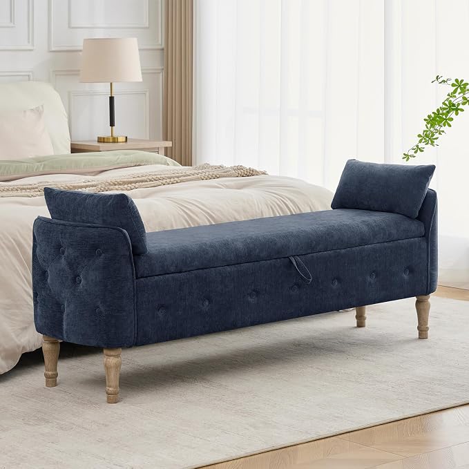 67"End of Bed Storage Bench King Size,Upholstered Bedroom Bench,Blue | Linen Storage Bench for Bedroom End of Bed ,2 Cushion, Vintage Wood Legs ,Tufted,Storage Ottoman Bench for Entryway Window