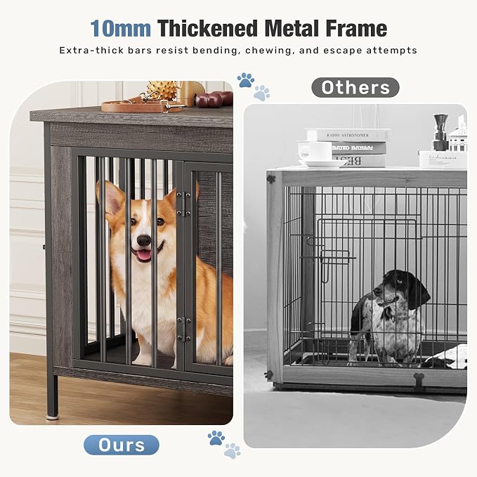 DUMOS 54" Dog Crate Furniture for 2 Dogs with Divider, Gray Wood Grain | Wooden Dog Kennel Furniture, Small Breed Center Divider and Double Doors, Heavy Duty Indoor Dog Cage, TV Stand, Side Table