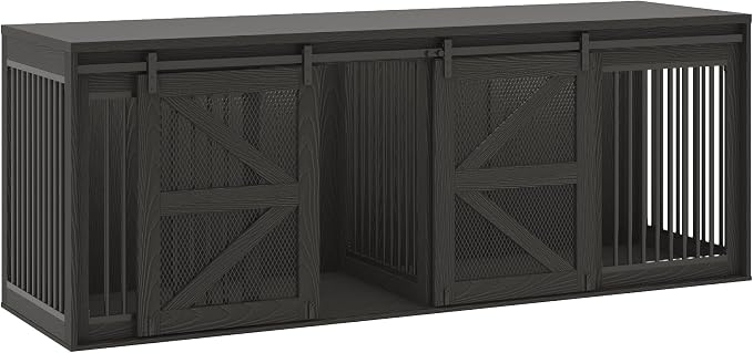 jiteentarou95In Farmhouse Dog Crate TV Stand, Wooden Dog Kennel Furniture with Sliding Metal Mesh Barn Door, Large Dog Crate Furniture for 2 Dogs, Solid Metal Tube & 2 Lockable Doors, Wood Grain Black