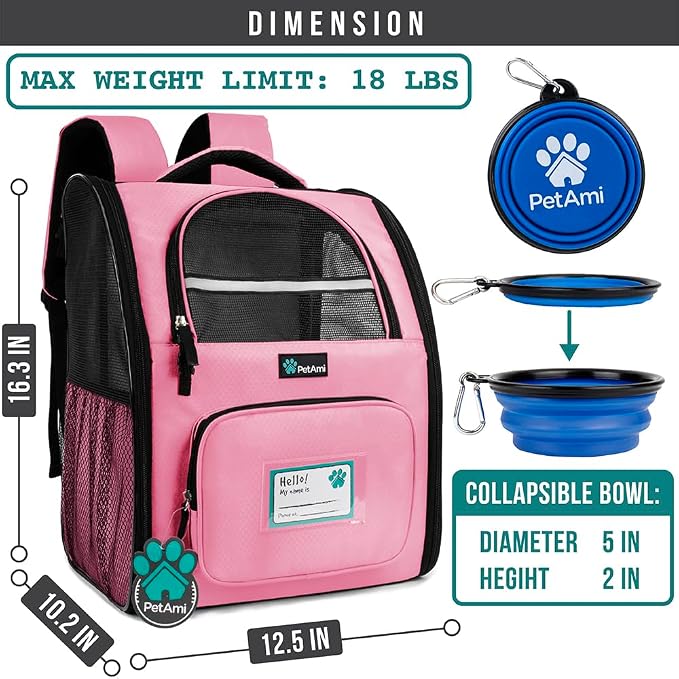 PetAmi Dog Backpack Carrier Airline Approved Cat Pet Puppy Bag, Pink | Ideal for Small Medium Large Pet up to 18 lb, 2 Side Entry Structured No-Collapse Frame, Ventilated Bookbag for Hiking Travel