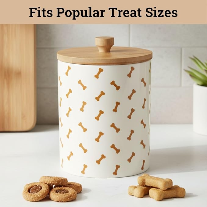 Ceramic Dog Treat Container Airtight with Bamboo Lid, 5"W x 6.4"H, 4 Cups | Sturdy Durable Ceramic, Airtight Bamboo Lid, Food Safe, Fits Most Popular Treats, 4 Cup Capacity, Easy to Wash