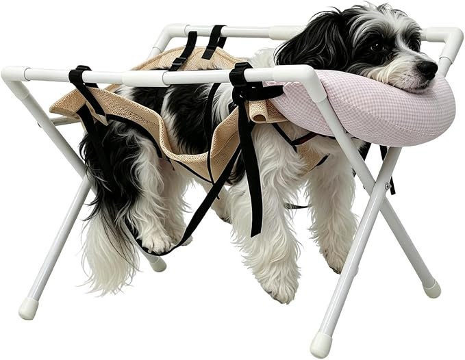 Dog Grooming Hammock Frame - Bath Chair | Foldable Support Stool for Pet | 61x35x42cm | Washable Mesh Restraint Stand | Heavy-Duty Bath Stool With Pink Pillow For Small Medium Breed Dog, Puppy, Cat