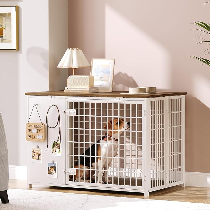 YATINEY Foldable Dog Crate Furniture, Dog Crate with DIY Frame, Heavy Duty Dog Kennel Indoor with Hooks, Wooden Dog Cage End Table, for Small/Medium Dogs, White and Walnut DC95WH