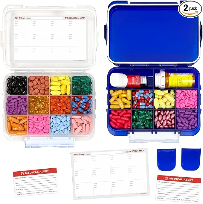 2-Pack Large Pill Organizer – Blue + Clear | 12-Compartment Weekly Pill Box Case with Removable Dividers, Waterproof, Travel-Friendly (Combo Pack - 1 Blue & 1 Clear)