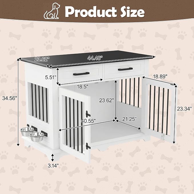 44.48" Large Dog Crate, 3-in-1 Wooden Dogs Crate End Table TV Stand Furniture with 2 Storage Drawers and Rotating Bowls, Decorative Pet House Dog Crates for Small/Medium Dogs, White+Black
