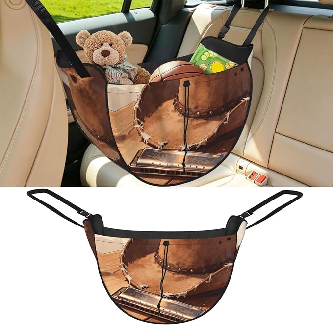 Harmonica Cowboy Hat Car Seat Organizer-Backseat Storage Bag for Travel | Waterproof Durable. Holds Snacks Gear Essentials. Fits Most Cars.