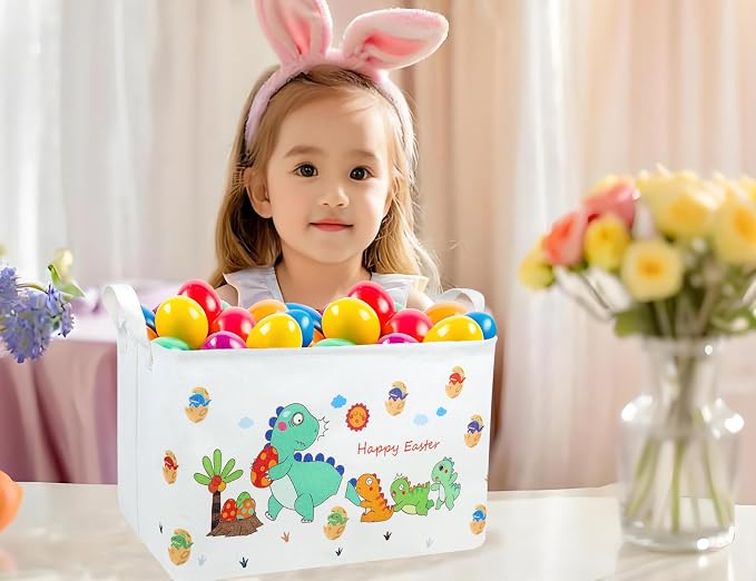 Large Rectangular Easter Baskets Empty Waterproof Boy Toy Box Foldable Kid's Gifts Storage Bin Spring Room Decor(Arrange Dinosaur Egg)