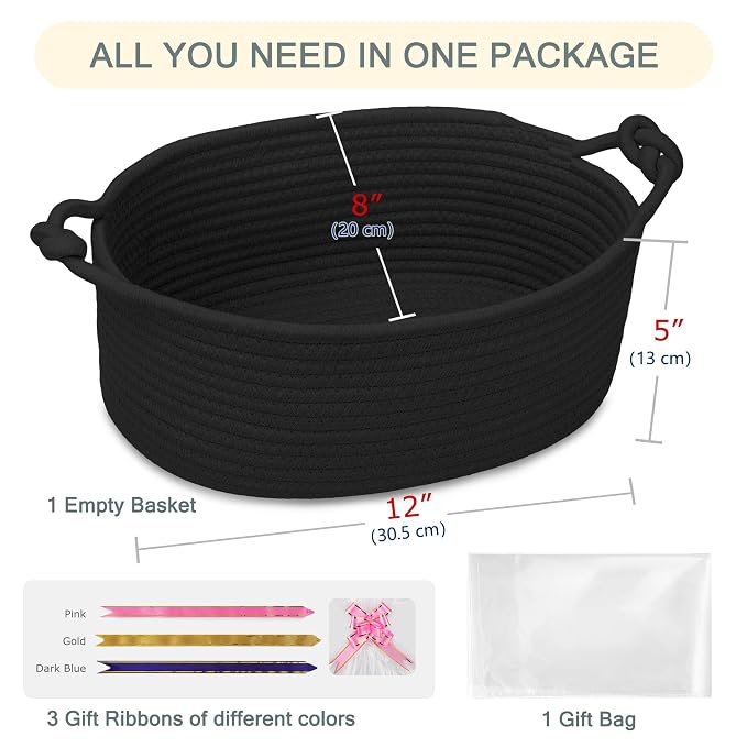 COMSE Small Gift Basket Empty with Bag & Ribbons, Solid Black | Cotton Rope, 12"x 8"x 5", Pet Toy Storage Organizer, Woven Basket for Birthdays, Baby Showers, Mother’s Day, Valentine’s Day