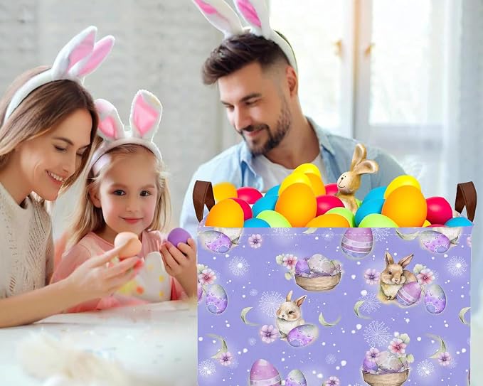 Large Rectangular Easter Baskets Empty Waterproof Boy Toy Box Foldable Kid's Gifts Storage Bin Spring Room Decor(Purple Fireworks Rabbit Egg)