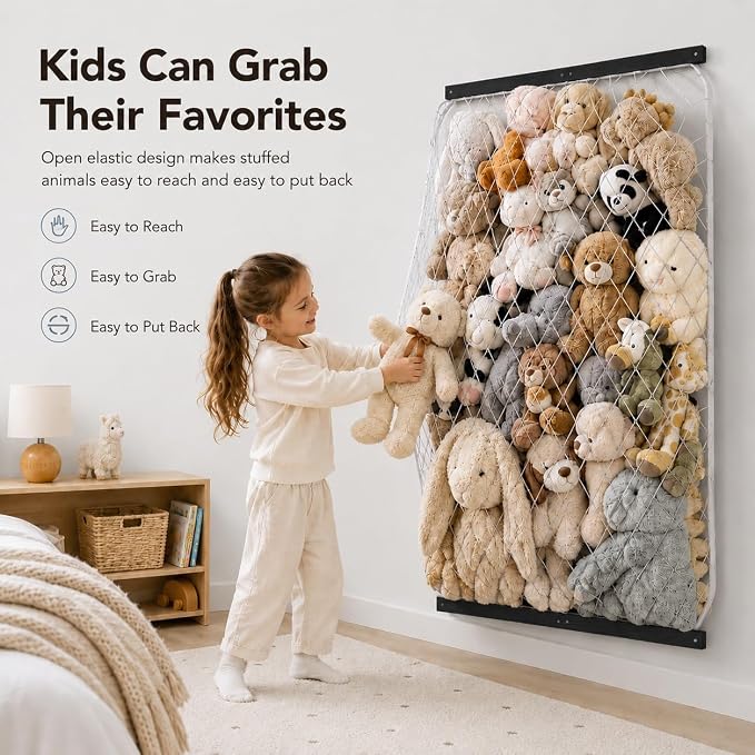 Stuffed Animal Storage Net, Elastic Stuffed Toy Holder,Door/Wall Mount Length Adjustable Hanging Soft Toy Organizer, Plushie Net for Nursery Play Room-Black Boards