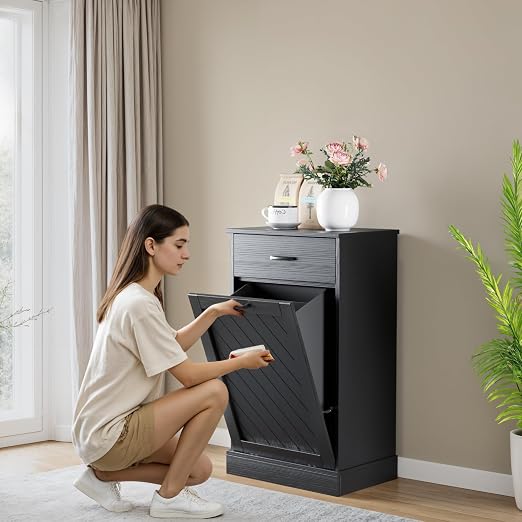njnj 13 Gallons Tilt Out Trash Cabinet, Kitchen Hidden Trash Bin Cabinet Wood Garbage Recycling Cabinet with Hideaway Drawer, Pet Proof Freestanding Trash Bin for Kitchen Living Room Black