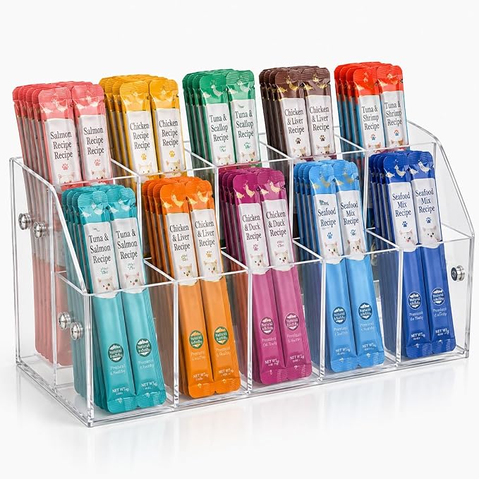 Cat Treat Holder Organizer, 2 Tier 10 Compartment Clear Acrylic Storage Rack for Lickable Wet Treats, Countertop Display Stand for Pet Tubes and Squeeze Up Pouches