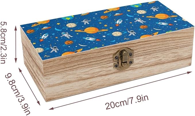 Wooden Keepsake Box for Letter Photo Gift Boxes with Hinged Lid, Space Cute | Astronaut Planets Blue Jewellery Organizer, Small Memory Storage Boxes, Holiday Party Favor Decor, 9.2x5.5x3.9 Inch