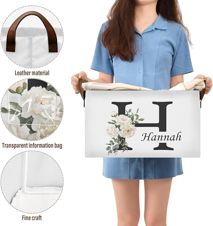 Personalized Storage Basket with Handles&Clear Labels Folding Laundry Basket Floral Custom Name Basket Collapsible Cubes Organizer Bins for Home Wedding Gifts Kids Room Shelf Closet, 2 Pack
