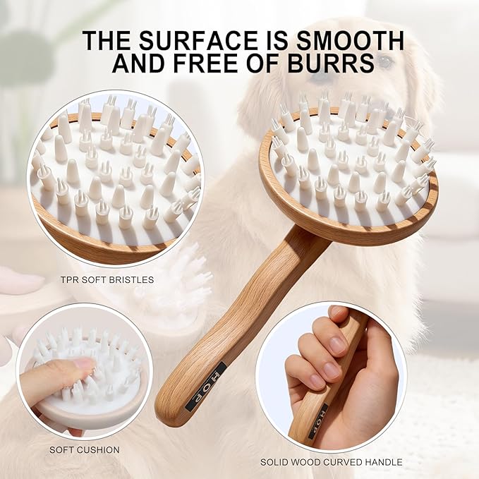 HOP Dog Bath Brush with Wooden Handle Dog Washing Brush Massage Shampoo Brush Cat Deshedding Comb Pet Grooming Tool for Dogs and Cats Remove Loose Hair Deep Cleansing