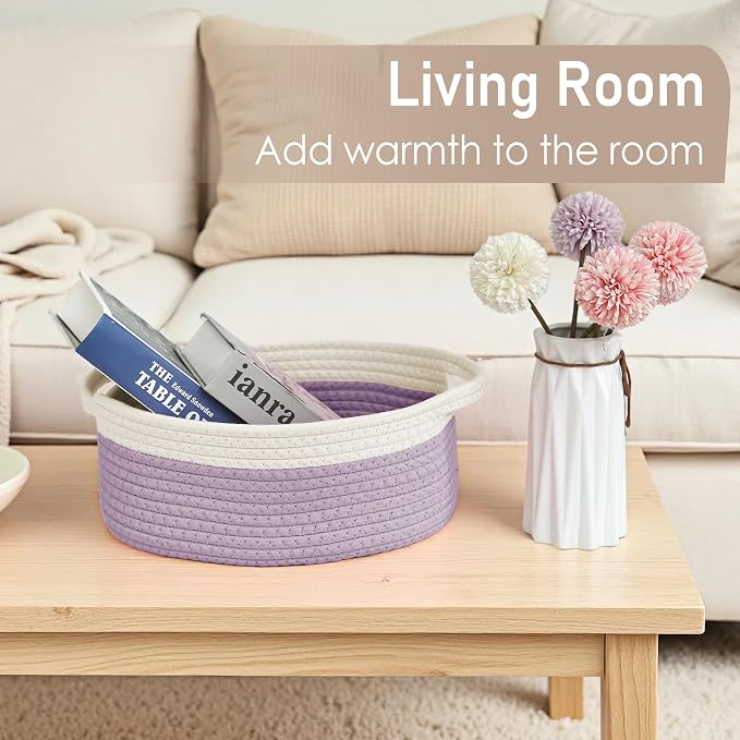JMvicyroam Small Woven Basket, Empty Gift Basket, White&Purple/1 Pack | Small Gift Basket, Cotton Rope, 12 x 8 x 54 in, Handles, Includes Ribbon and Bag, Birthday Gift Basket