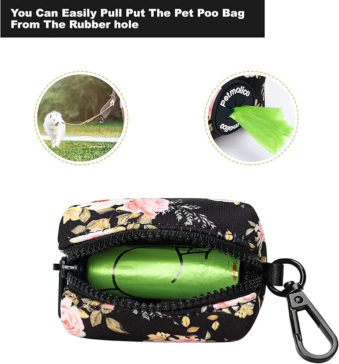 Petmolico Dog Poop Bag Holder Dispenser 2 Pack, Pink Rose | Zippered pouch fits any leash, includes free roll of bags, lightweight & portable for daily walks, travel & outdoor use