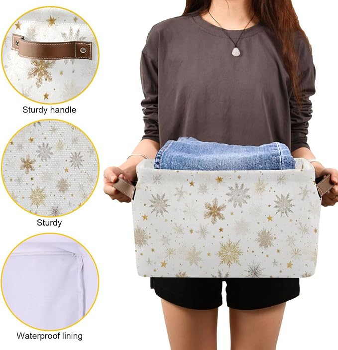 Winter Snowflake White Storage Basket with Waterproof Liner and PU Handles Golden Christmas Holiday Xmas Storage Boxes 14.2" Collapsible Decorative Organizer Baskets for Bedroom Closet Office 1 Pack