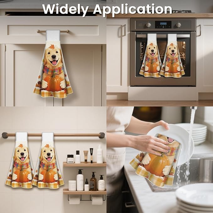 CUTHOLLOW Dog and Autumn Pumpkin Hanging Kitchen Towels with Loop, Set of 2 - Soft & Super Absorbent Microfiber Decorative Hanging Dish & Hand Towel, Tea, Coffee Towel for Kitchen Bathroom Oven Handle