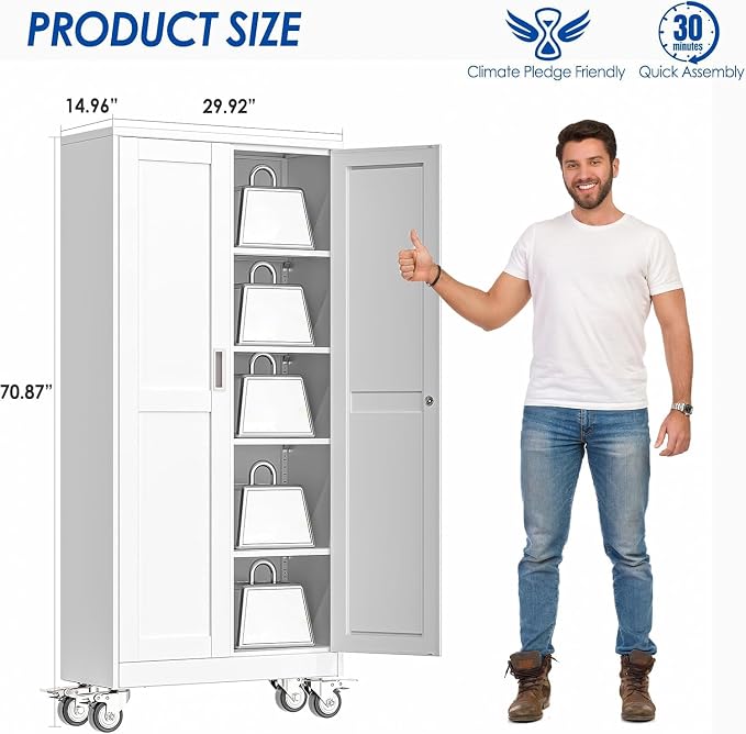 GAIOUS Metal Garage Storage Cabinet with Lock, Steel Tool Cabinet with 2 Door and 4 Adjustable Shelves, 71” Tall Lockable File Cabinet with Wheels, Rolling Cabinet for Home Office Garage Gym - White