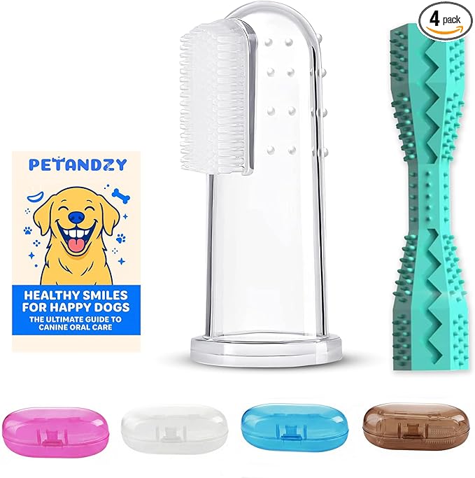 Dog Toothbrush Kit with Dental Chew Toy – 4-Pack Silicone Finger Toothbrushes + Travel Cases – Pet Dental Care for Dogs & Cats, Dog Teeth Cleaning, Plaque & Tartar Control, Fresh Breath + QR Guide