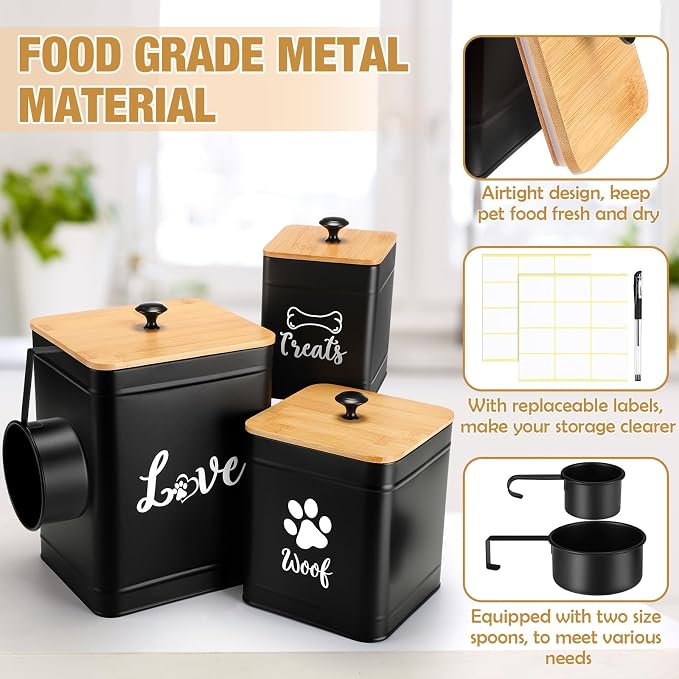 Jingmore Metal Dog Treat Containers Set of 3 with Bamboo Lids and Spoon Airtight 7+3+2 lbs Dog Food Snack Jars with DIY Labels Big Pet Cookie Storage Jar for Kitchen Counter(Black,Classic)