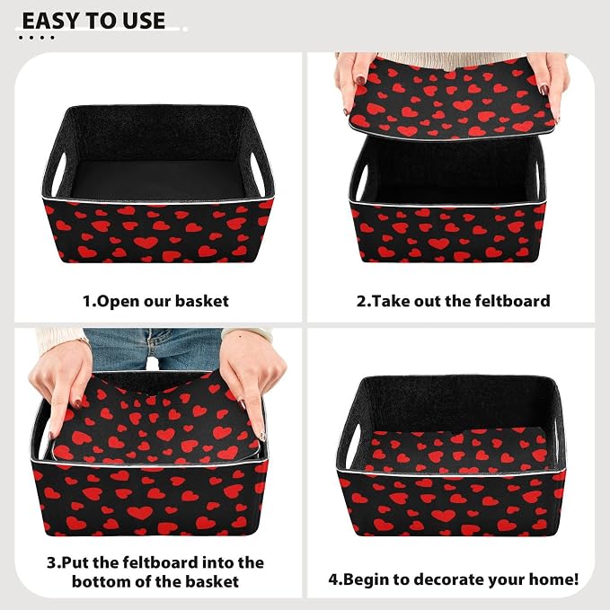 Emelivor Valentines Hearts Black Storage Basket Bins Set (2pcs) Felt Foldable Storage Bins with Dual Handles Dog Basket for Office Bedroom Closet Babies Nursery DVD Laundry