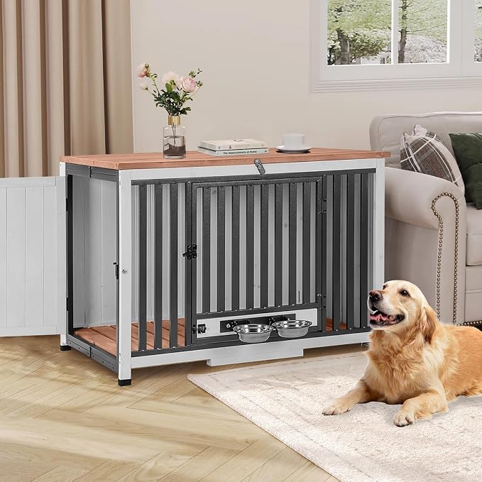 Large Dog Crate Furniture with Bowl for Travel Foldable Dog Crate with Chew-Proof Design Pull-Out Tray Carrying Puppy Cage Crates for Dogs Indoor