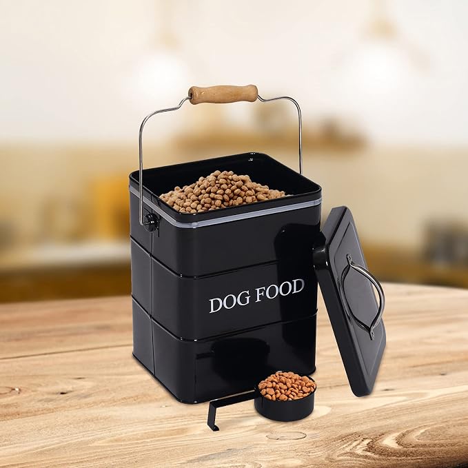 Morezi Dog Food Treat Storage Container with Lid Scoop Included - Perfect Farmhouse Dog Food Bin for Kitchen Countertop, Shelf, Decoration Home - 5 lbs Capacity - Black