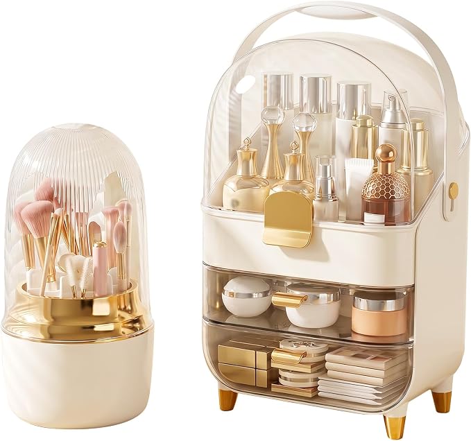 2 Piece Cream Gold Makeup Organizer Set with Dustproof Cover and 3 Drawer Cosmetic Storage Box with Handle for Brushes Perfume Lipstick Skincare Beauty Vanity Countertop Display（Rose Gold）