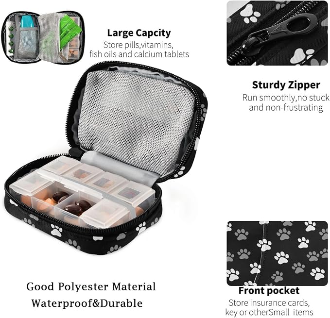 Fustylead Design Cute Paw Prints in White and Gray Pill Organizer and Storage Weekly with Zipper, Removable Pill Box Portable Medicine Organizer for Vitamin Fish Oil Supplement