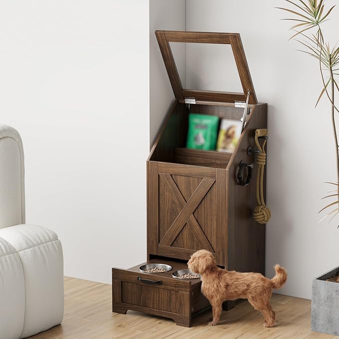 Dog Feeding Station with Storage Cabinet & 2 Elevated Bowls,Walnut | All-in-one Pet Feeding Station: Sealed Food Bin + 2 Pull-out Elevated Bowls + Shelf + Side Hooks. Moisture-Proof.