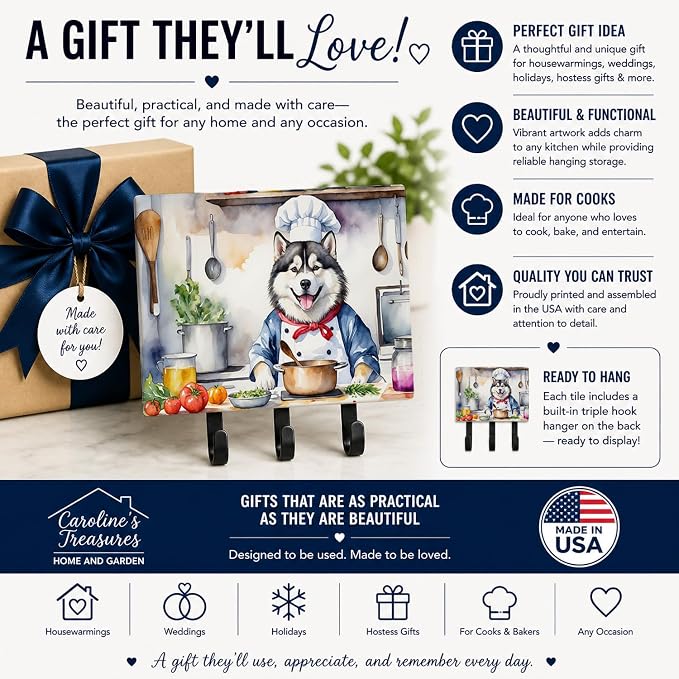 Caroline's Treasures Alaskan Malamute The Chef Leash or Key Holder Wall Hooks, Key Hooks Holder, Coat Rack Wall Mount, Coat Hooks, Hooks for Hanging Keys, Towels, Aprons, Leashes | Alaskan Malamute The Chef artwork on ceramic tile with three steel hook...