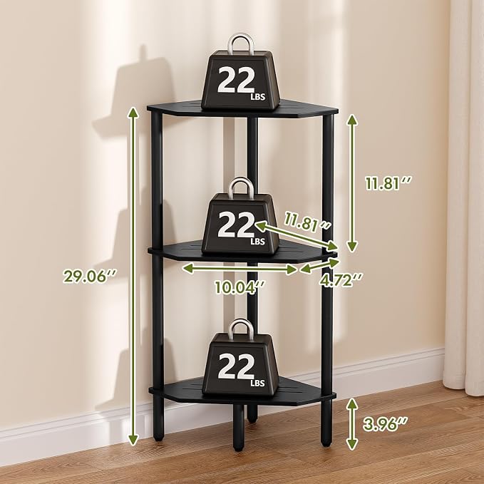 Black Corner Bathroom Shelf, 3 Tier Bamboo Kitchen Corner Shelves, Display Shelf, Shower Corner Caddy, Indoor Plant Stand Balcony, Freestanding Storage Organizer Stand for Living Room, Small Spaces