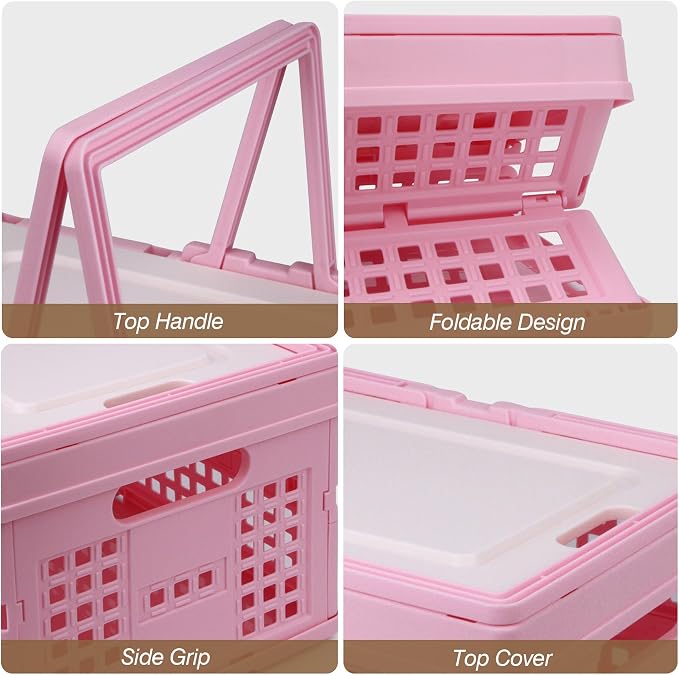 Collapsible Storage Crate, Foldable Plastic Basket with Lid and Handle, Foldable Storage Box Crate Bin for Home Kitchen Office Bathroom Bedroom Pantry (Green-Hollow)
