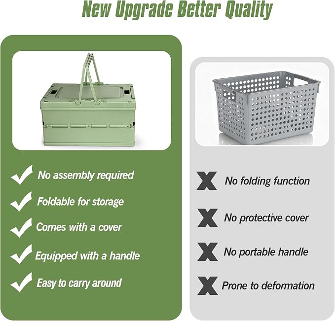 Collapsible Storage Crate, Foldable Plastic Basket with Lid and Handle, Foldable Storage Box Crate Bin for Home Kitchen Office Bathroom Bedroom Pantry (Green, 2-Pack)