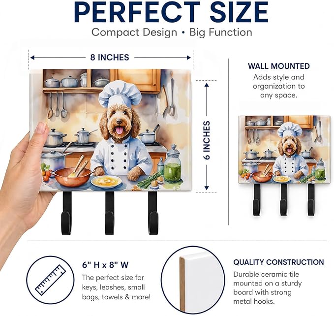 Caroline's Treasures Labradoodle The Chef Leash or Key Holder Wall Hooks, Key Hooks Holder, Coat Rack Wall Mount, Coat Hooks, Hooks for Hanging Keys, Towels, Aprons, Leashes | Labradoodle The Chef artwork on ceramic tile with three steel hooks for keys...