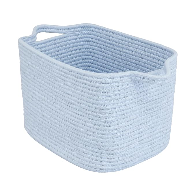 XUANGUO Woven Cotton Rope Storage Basket with Handles 13x10x9 inch Blue | Woven cotton rope basket for shelves and closets. Perfect for toys, books, clothes, nursery storage and gift baskets.