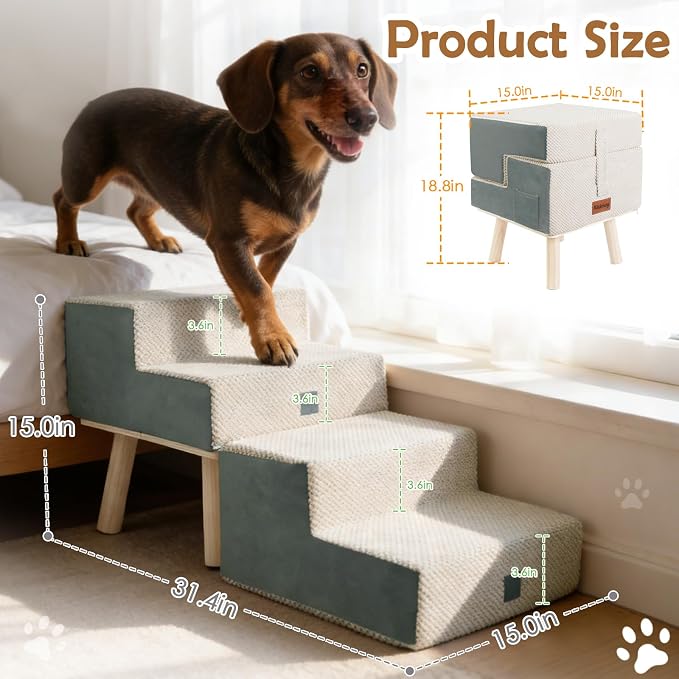 4-Step Ottoman Dog Stairs,2-in-1 Foldable Dog Ramp for Bed | for Small Dogs and Cats, High-Density Foam & Wood Support, Side Storage Pocket, Foldable, 170 lbs, Machine Washable, Grey