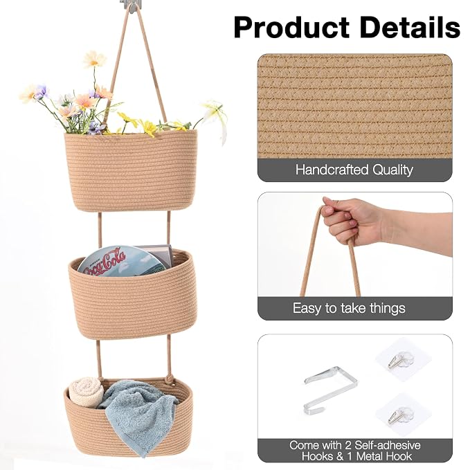 ICERZCZ Hanging Baskets for Organizing, Over the Door Decorative Storage Organizer, Nursery Decor Organization, 3-Tier Wall Basket for Entryway Playroom Bathroom Closet, Khaki
