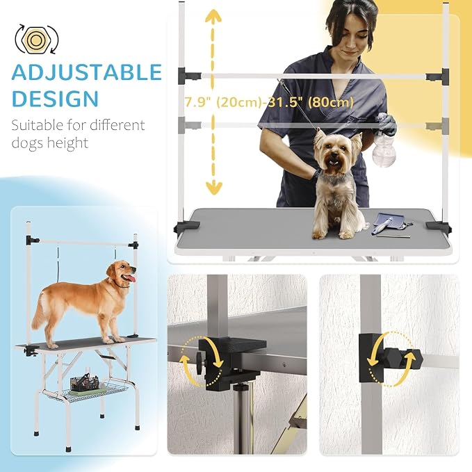 Pet Dog Grooming Table, Foldable Stainless Steel Pet Drying Grooming Table Up to 330lbs, Professional Bathing Desk for Dogs at Home with Adjustable Overhead Arms, Noose, Mesh Tray, 46''/Grey