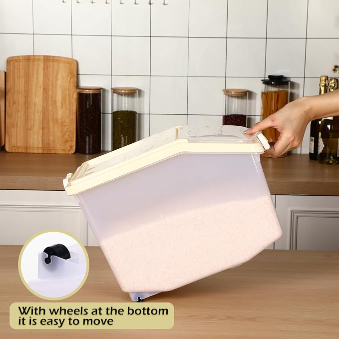 Sunnyray 4 Pcs Rice Storage Container Bulk 27.6 lb Airtight Flour Container with Wheels and Lids Measuring Cup Clear Pet Food Dog Birds Cat Food Bin Grain Cereal Organizer Box(Cream)