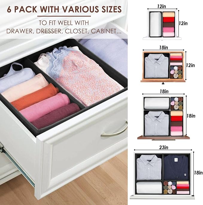 6 Pack Clothes Drawer Organizer Dividers, Fabric Foldable Closet Dresser Drawer Organizer for Clothing, Bra Sock Underwear Drawer Organizer for Nursery Bedroom Organization (6 Bins, Black)