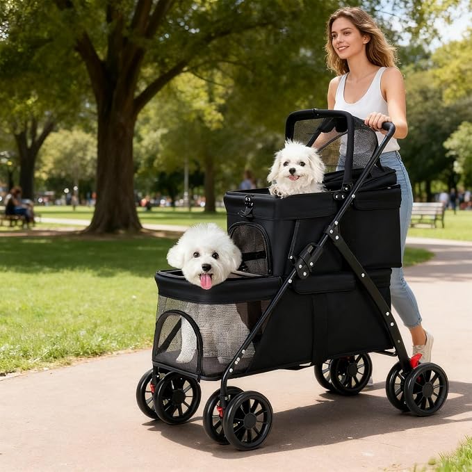 Double Dog Stroller for Medium Small Dogs and Cats Load-Bearing Up to 50lbs, Durable 360° Universal Wheels Lightweight One Hand Foldale Kittens Puppies Travel Stroller Cart(Double)