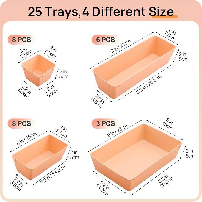 Vtopmart 25 Pack Plastic Drawer Organizers with Non-slip Rubber Pads | 4-Size Versatile Makeup Organizer, Storage Containers Small Bins for Makeup, Jewelries, Bedroom, Kitchen Utensils and Office